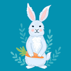 Vector illustration cute blue bunny with carrot symbol 2023 year.
