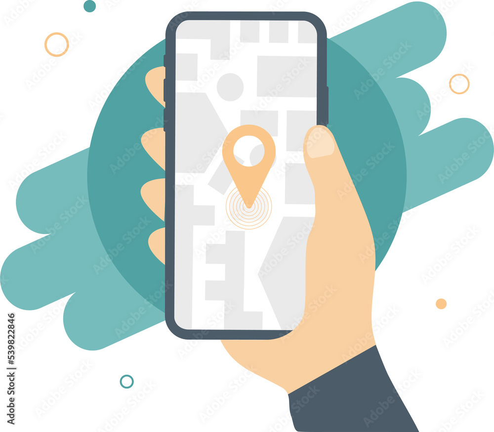 Poster map gps navigation. smartphone map application and pinpoint on screen. app search map navigation, is