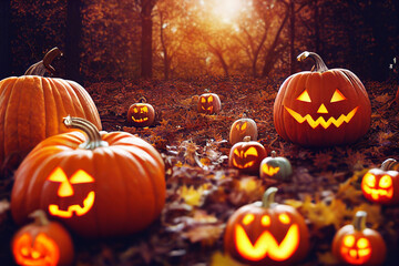 thanksgiving and Halloween pumpkins in autumn forest 3d illustration