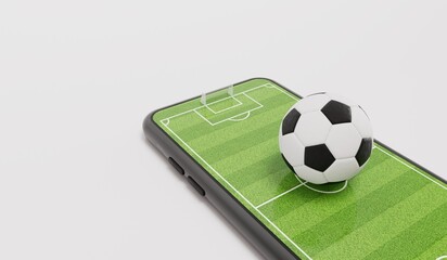 Online soccer concept. Football ball on a smartphone with a football pitch. 3D Rendering