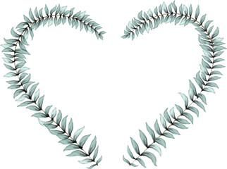 Green watercolor branches in shape of heart. Wedding invitation rustic style.