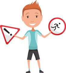 Kid learning road sign. Traffic road education. School kid learning rules of road set. Children learn, educational scene, safety pedestrian movement