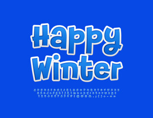 Vector seasonal banner Happy Winter. Blue playful Font. Funny Alphabet Letters, Numbers and Symbols set