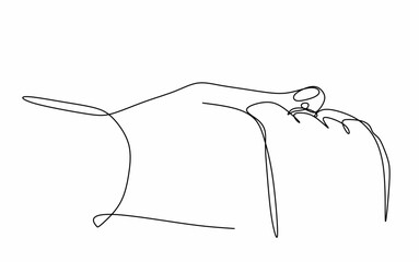 Continuous drawing with one line of a man's hand and a woman's with a ring on her finger. Hand in hand. The concept of psychology of love