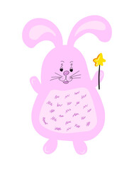Cute pink rabbit with a star. Cute design element for for children's clothes and cards. Happy easter, hand drawn rabbit.
