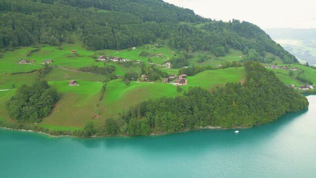 Flying above Lungernsee with beautiful blue water