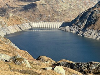 Artificial reservoir lake Lago di Lucendro or accumulation lake Lucendro in the Swiss alpine area of the St. Gotthard Pass (Gotthardpass), Airolo - Canton of Ticino (Tessin), Switzerland (Schweiz)