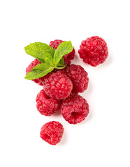 Juicy forest raspberry with mint leaf on a white isolated background. Healthy food concept.