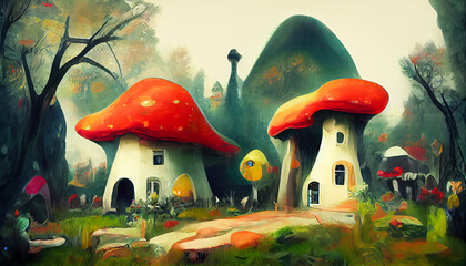 Houses in mushroom fly agarics, animation.