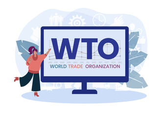 WTO - World Trade Organization acronym, business concept. word lettering typography design illustration with line icons and ornaments. Internet web site promotion concept vector lay