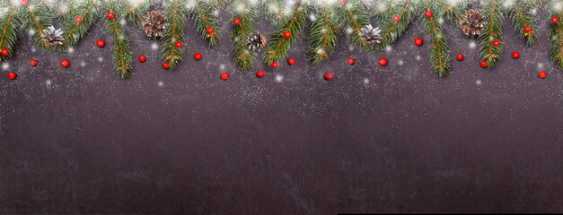  Spruce, fir branches, red berries, snow on stone textured background. Frame border. Christmas...