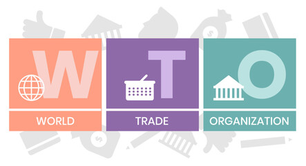 WTO - World Trade Organization acronym, business concept. word lettering typography design illustration with line icons and ornaments. Internet web site promotion concept vector lay