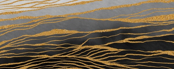 Watercolor black abstract texture with golden glittering lines. Striped pattern with shiny curved waves