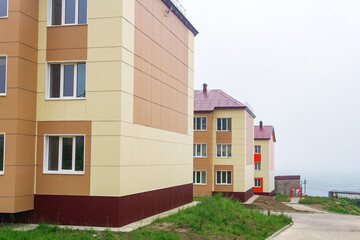 cityscape of seaside village of Yuzhno-Kurilsk on the island of Kunashir