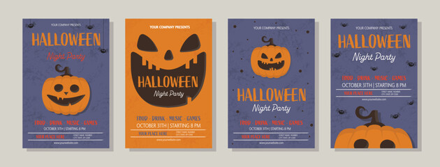 Halloween Party poster with funny pumpkin.  Collection of brochures. Vector illustration