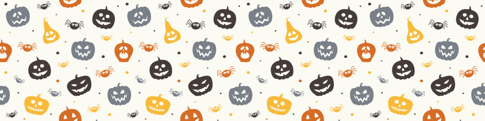 Creepy Halloween banner with pumpkins and spiders. Seamless pattern. Vector