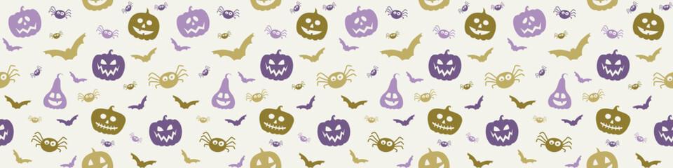 Creepy Halloween banner with pumpkins, bats and spiders. Seamless pattern. Vector