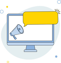 Online promotion icon. Computer screen with megaphone and speech bubble background. Illustration