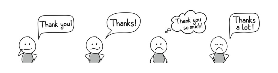 Unhappy stickman with text - thank you, thanks. Vector