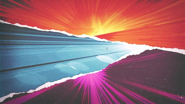 Vintage Comic Book Action Layout Background/ 4k animation of a powerful vintage and grunge textured comics like page layout background with halftone dots and dynamic torn paper and speed sunbeams effe