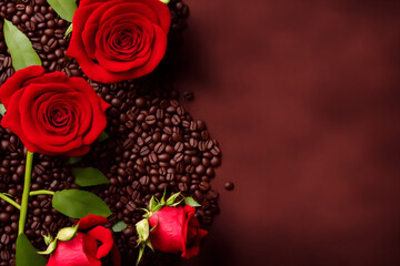 a photo of coffee beans and red roses, symbol of love