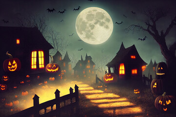 Halloween background with pumpkins and a haunted mansion, full moon, mist, and flying bats, spooky and creepy atmosphere