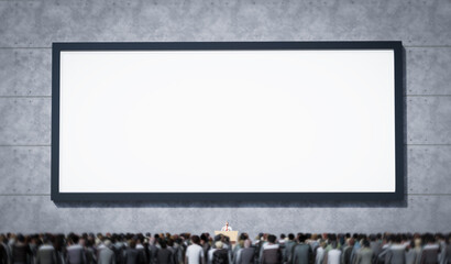 A large monitor broadcasts propaganda to a crowd of people against a light background. 3d illustration
