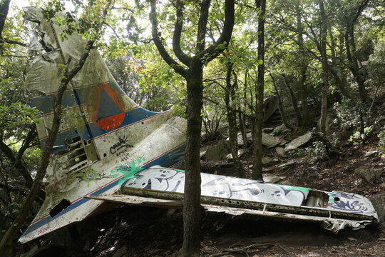 Cantallops, Spain - October 2022; wreckage of Douglas DC-6 plane which crashed into mountain side while fighting forest fires in July 1986
