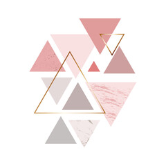 Abstract geometric print with gold and  pastel pink triangles isolated on white background. Vector illustration
