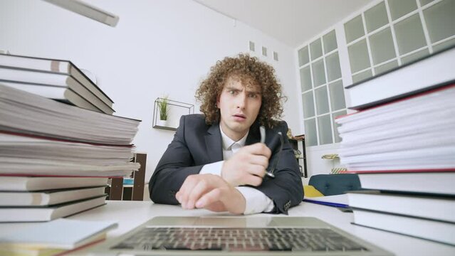 Funny office employee typing on laptop, too much work, stressful job, pov