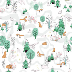 Vector white Winter landscape in the forest with animals and trees background pattern © ElifEmilie