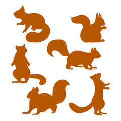 Set, silhouettes of funny mischievous squirrels, element for design of cards, backgrounds, textiles