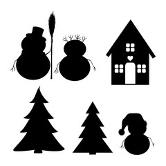 festive Christmas winter set with silhouettes of snowmen mom, dad and child, Christmas trees, spruce, fir and wooden house