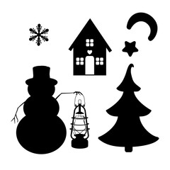 festive Christmas set of silhouettes of a snowman, a Christmas tree, an old lamp, snowflakes, a village house, moon and stars