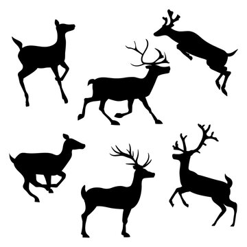 set of silhouettes of reindeer and christmas reindeer santa claus, for card design