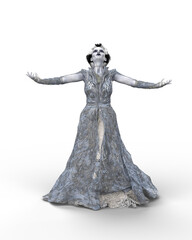 3D rendering of a horror story fantasy monster bride holding her arms out and looking to the sky isolated on a transparent background.