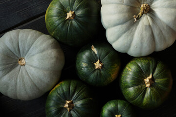 Diverse assortment of pumpkins gray and green color on a wooden background. Autumn harvest. top view