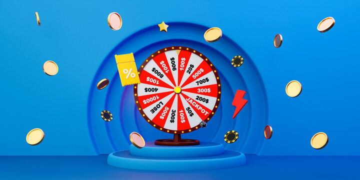 Online casino. 3D realistic fortune wheel with coins and game elements on blue background. Gambling concept design. 3d rendering illustration