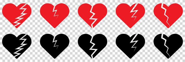 Broken or divorce hearts icons. Vector illustration isolated on transparent background