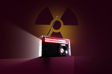 stock photo of warning radio receiver in nuclear fallout time during nuclear war. multitool...
