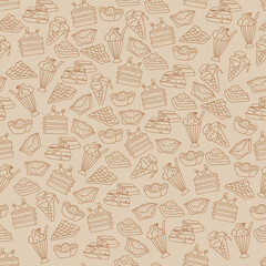 Seamless pattern with cute sweet desserts in outline. Hand drawn printable design for textile, paper, package