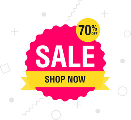 Discount sale off tag. 70 percent off label. Shop now. Sale offer emblem, badge price discount number. Illustration