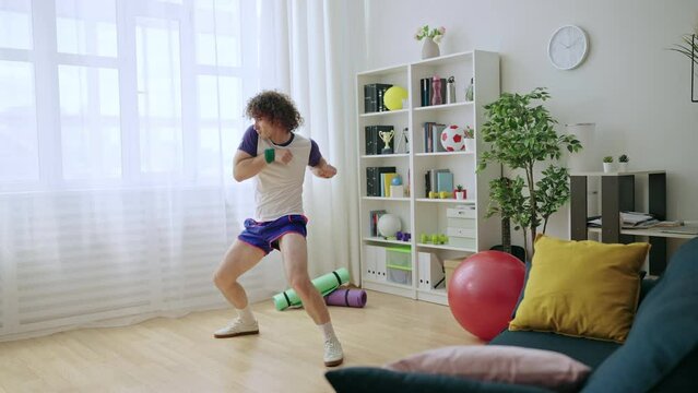 Funny Man Dancing And Fooling Around During Workout At Home, Fitness Buff