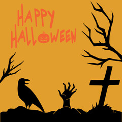 Halloween cemetery view. Happy Helloween. Black spooky silhouettes on orange background. Hand drawn Halloween attributes. Vector art