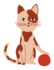 Doodle cat. Cute and funny pet vector illustration. Cartoon kitten character design. Adorable animal playing with ball of yarn