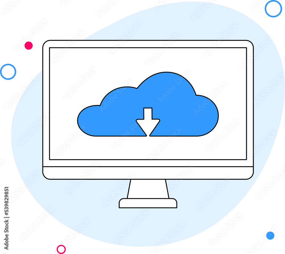 Poster cloud upload and download icon on computer screen. illustration in line flat style