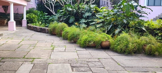 Texture pattern tile stone boulder garden parking street alley path grass bush foliage leaves bush wall bench curb architecture home decor porch