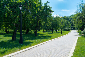 Fototapeta na wymiar recreation park with footpath and lantern and trees
