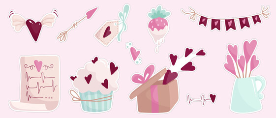 A set of holiday stickers for Valentine's Day.Various romantic paraphernalia.Cartoon vector graphics.