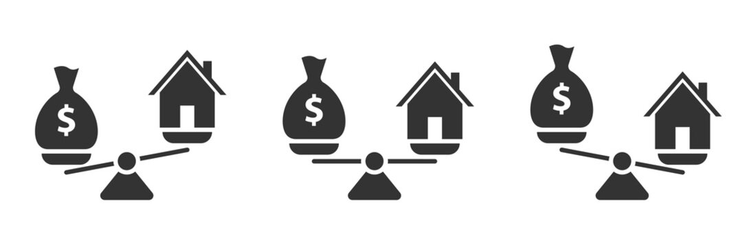 Balance with dollar and house icon. Money and house scales icon. Flat vector illustration.